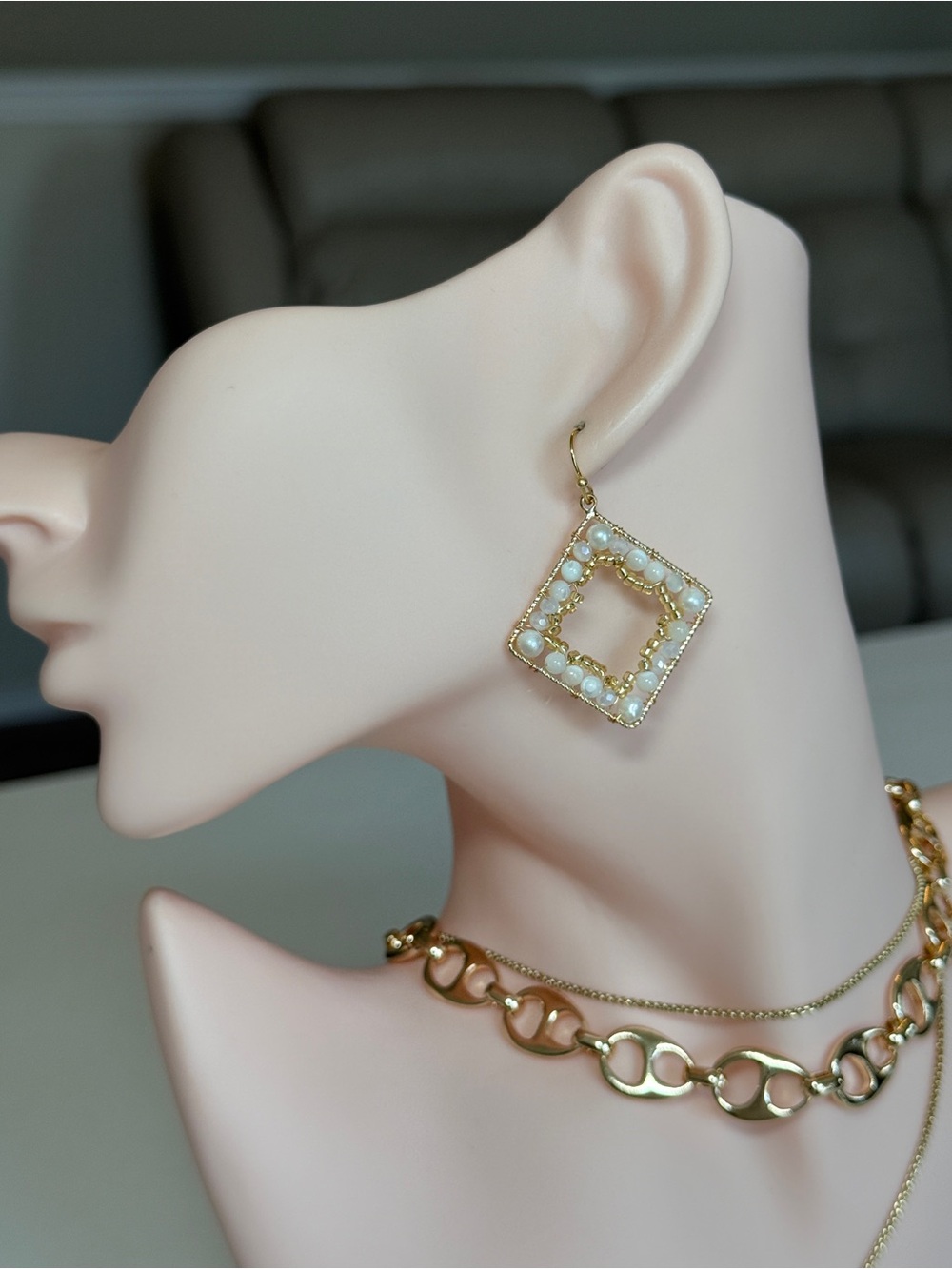 Gold Square Pearl Drop Earrings